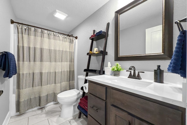 bathroom with toilet, a textured ceiling, a shower with curtain, and vanity