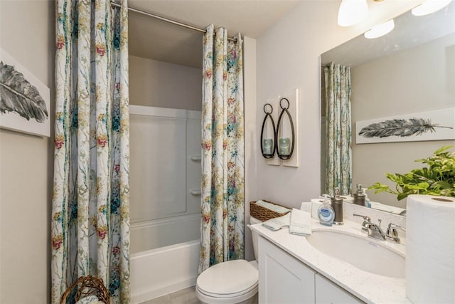 full bathroom with vanity, toilet, and shower / bathtub combination with curtain