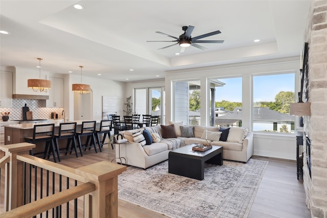 living room featuring a healthy amount of sunlight, light wood-type flooring, and a raised ceiling