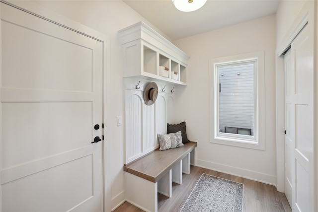 mudroom with hardwood / wood-style flooring