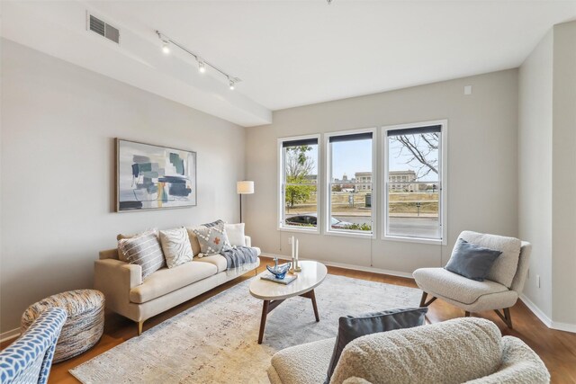 living room with rail lighting and hardwood / wood-style floors