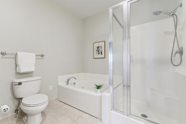 bathroom with tile patterned flooring, plus walk in shower, and toilet