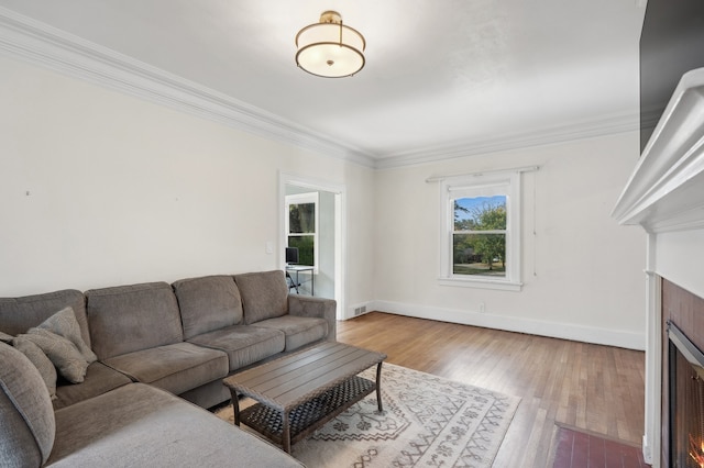 living room featuring wood-type flooring and ornamental molding