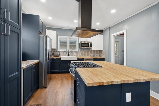 kitchen with sink, light wood-type flooring, island range hood, stainless steel appliances, and crown molding