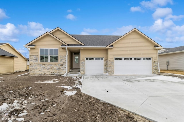 single story home featuring a garage, stone siding, a shingled roof, and driveway