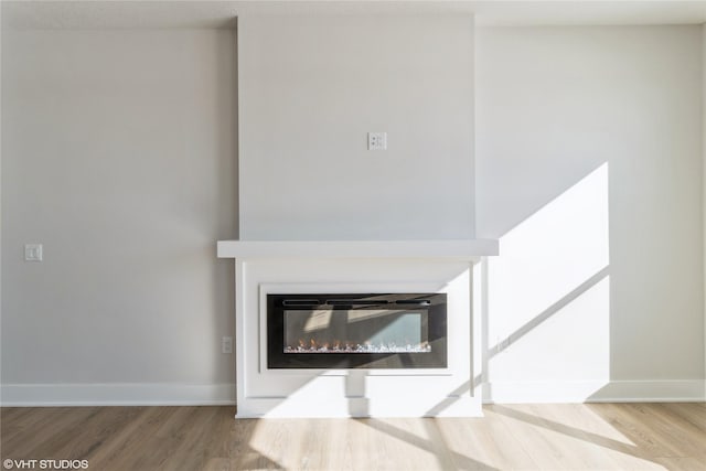 details featuring wood finished floors, a glass covered fireplace, and baseboards