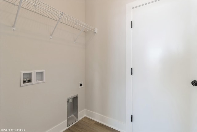 washroom with laundry area, baseboards, dark wood-type flooring, hookup for a washing machine, and hookup for an electric dryer