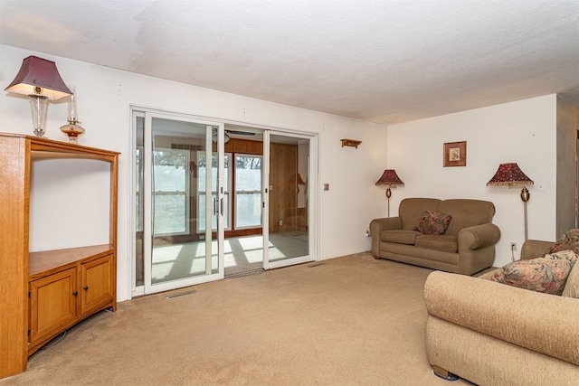 living room featuring a textured ceiling and light colored carpet