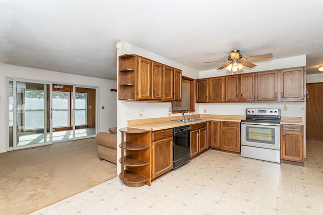 kitchen featuring black dishwasher, sink, stainless steel range with electric stovetop, light carpet, and ceiling fan