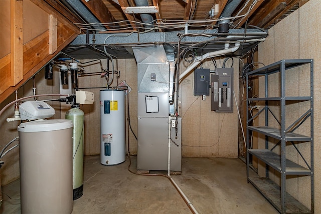 utilities with water heater, electric panel, and heating unit