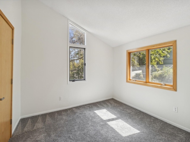 unfurnished room featuring lofted ceiling, carpet flooring, plenty of natural light, and baseboards