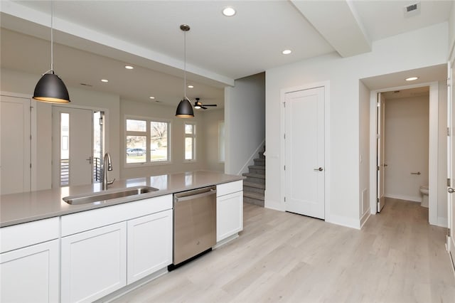 kitchen featuring sink, stainless steel dishwasher, decorative light fixtures, and white cabinets