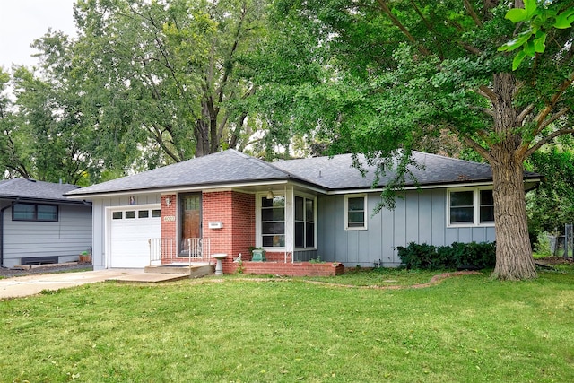 ranch-style home with a front lawn and a garage