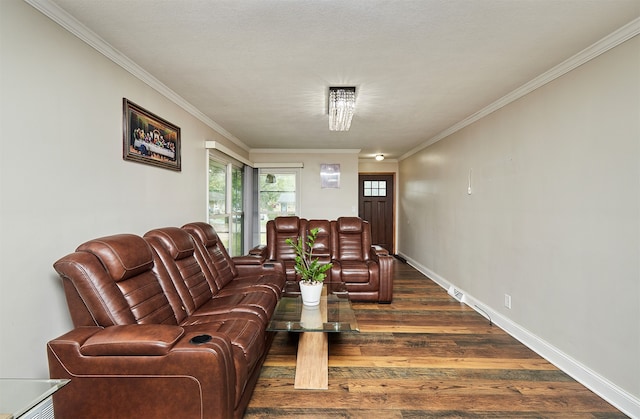 living room featuring dark wood-type flooring, crown molding, and a textured ceiling