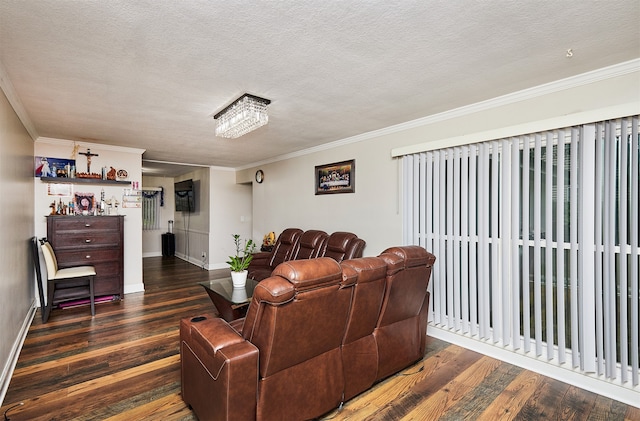 living room featuring dark wood-type flooring, crown molding, and a textured ceiling