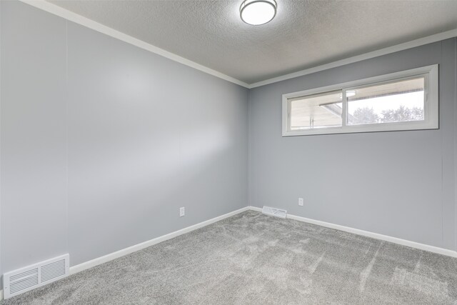 spare room with crown molding, light colored carpet, and a textured ceiling