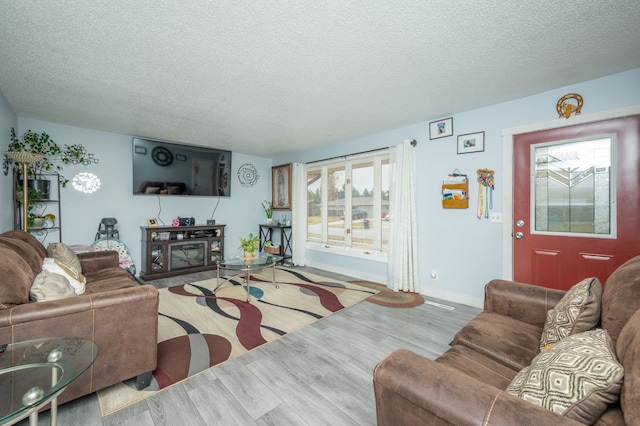 living room featuring hardwood / wood-style flooring and a textured ceiling