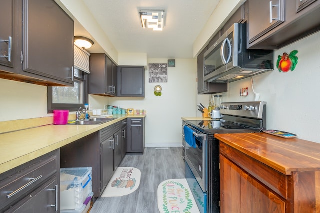 kitchen featuring appliances with stainless steel finishes, light hardwood / wood-style flooring, and sink