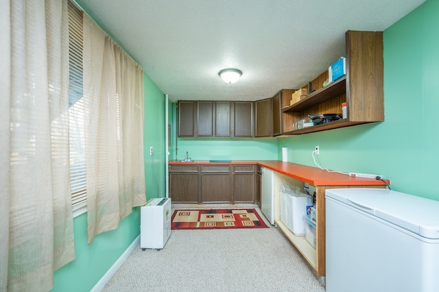 kitchen featuring refrigerator, light carpet, a textured ceiling, and sink