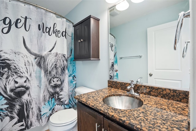 bathroom featuring vanity, a shower with shower curtain, and toilet