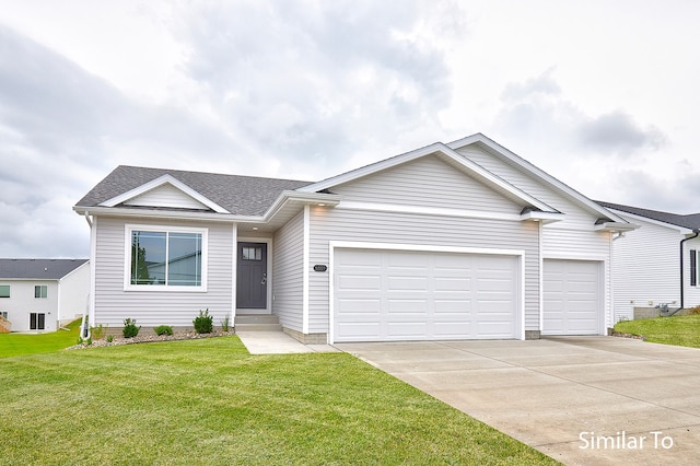 ranch-style house with a garage, a front yard, concrete driveway, and a shingled roof