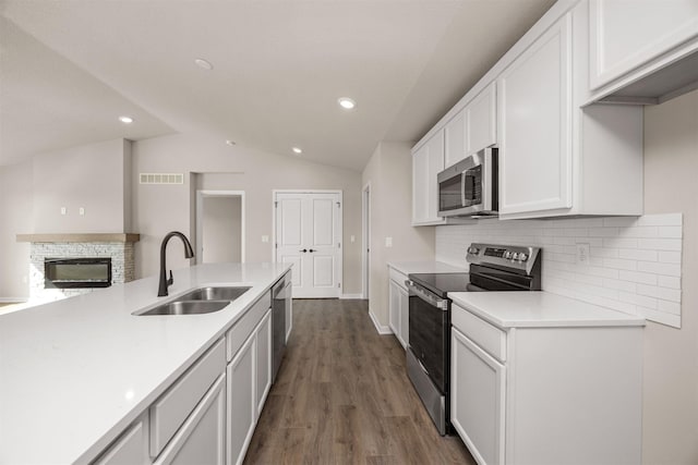 9748 Thorton Dr, Johnston, IA 50131 - kitchen featuring appliances with stainless steel finishes, a sink, a stone fireplace, tasteful backsplash, and white cabinetry