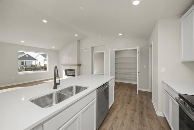 9748 Thorton Dr, Johnston, IA 50131 - kitchen with a sink, stainless steel dishwasher, white cabinets, electric stove, and a glass covered fireplace