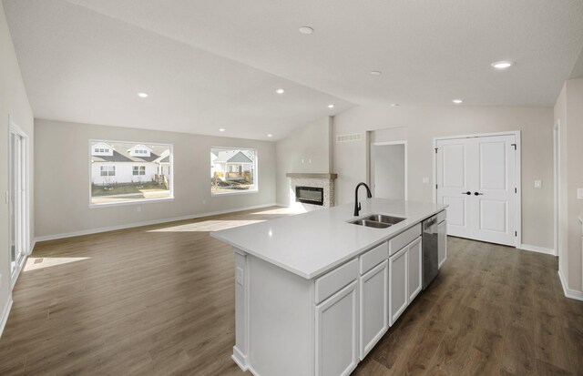 9748 Thorton Dr, Johnston, IA 50131 - kitchen with a sink, a glass covered fireplace, dishwasher, vaulted ceiling, and baseboards