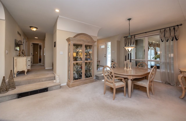 dining room featuring light carpet and a wealth of natural light