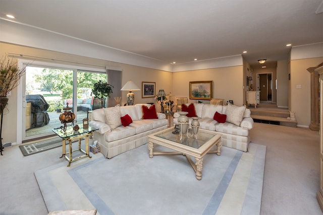 living room featuring light carpet