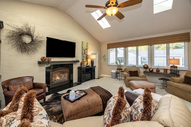 carpeted living room featuring lofted ceiling and ceiling fan