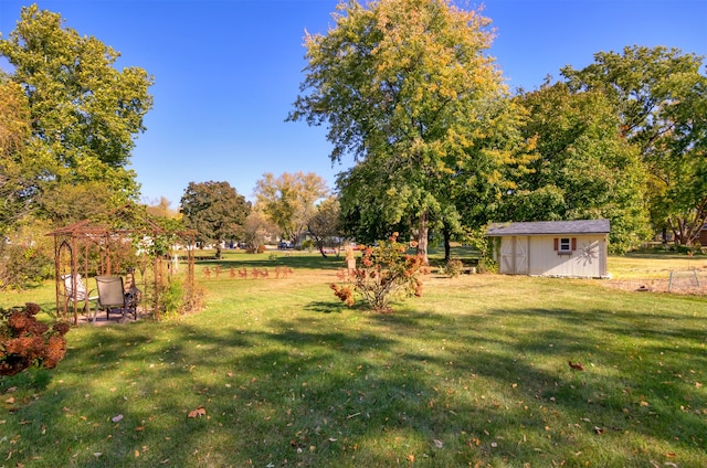 view of yard with a shed