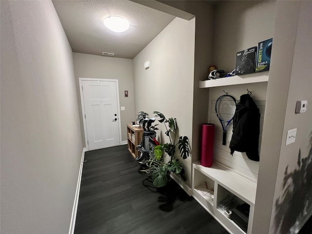 mudroom with dark wood-type flooring and a textured ceiling