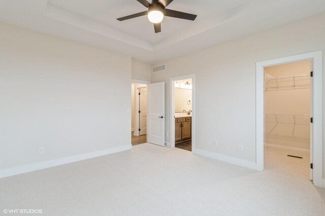 unfurnished bedroom with a raised ceiling, a spacious closet, light colored carpet, and a closet