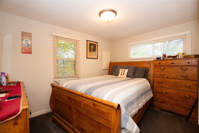 bedroom featuring dark carpet