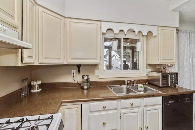 kitchen featuring white cabinets, sink, dishwasher, and white range oven