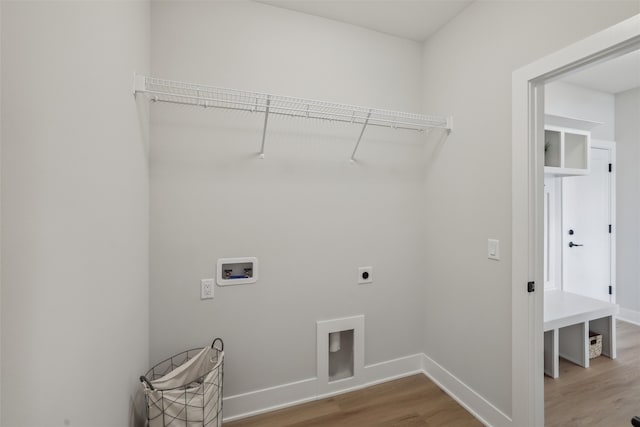 clothes washing area featuring hookup for an electric dryer, hardwood / wood-style floors, and washer hookup