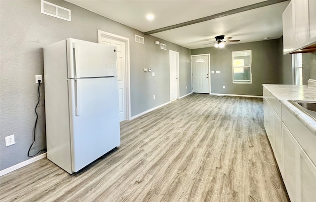 kitchen featuring white cabinets, ceiling fan, light wood-type flooring, and white refrigerator