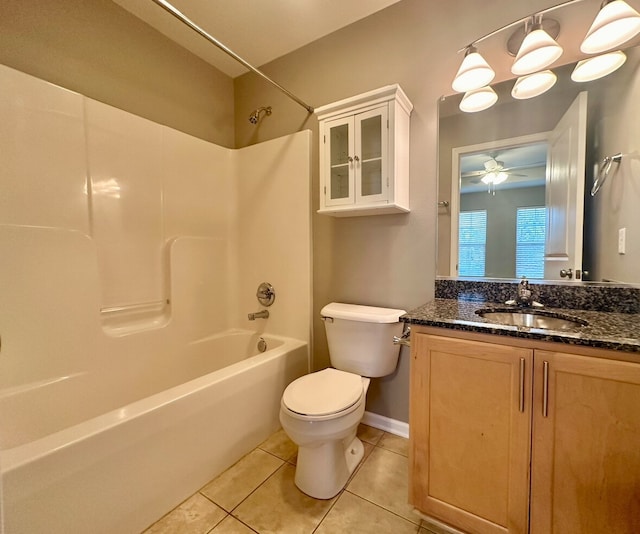 full bathroom featuring  shower combination, vanity, toilet, and tile patterned flooring