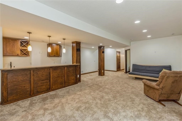 interior space with light carpet and bar area