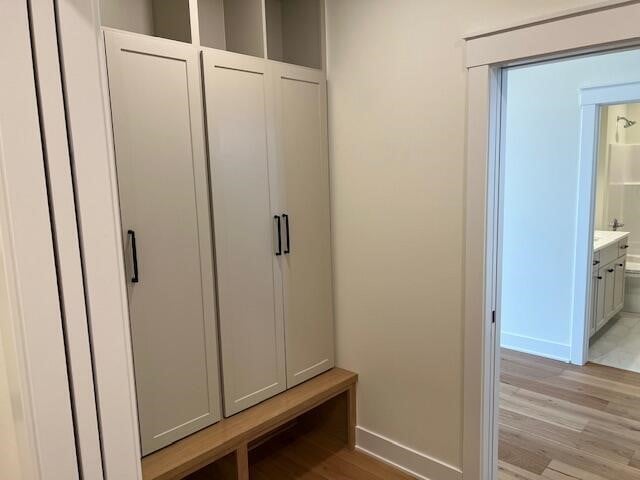 mudroom with light hardwood / wood-style floors