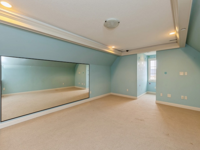 bonus room with carpet floors, recessed lighting, vaulted ceiling, and baseboards