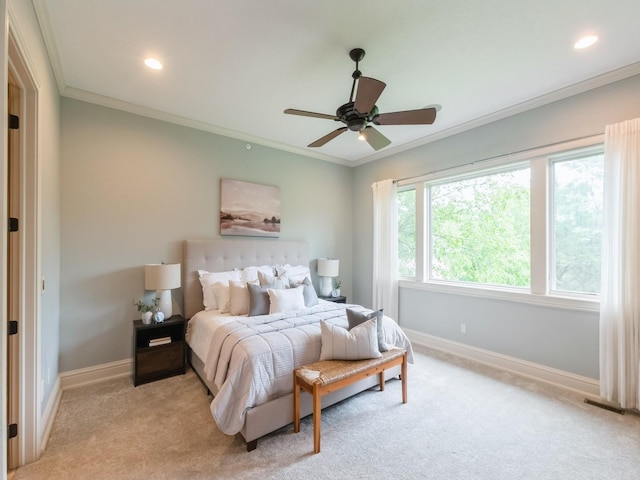 3123 162nd St, Urbandale, IA 50323 - bedroom with light carpet, ornamental molding, baseboards, recessed lighting, and a ceiling fan