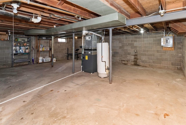 basement featuring electric panel and water heater