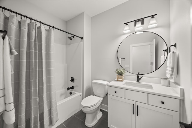 full bathroom featuring tile patterned flooring, vanity, shower / tub combo with curtain, and toilet