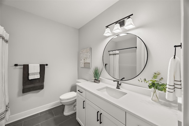 bathroom with a shower with shower curtain, vanity, toilet, and tile patterned flooring