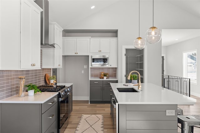 kitchen with gray cabinetry, sink, wall chimney range hood, an island with sink, and appliances with stainless steel finishes