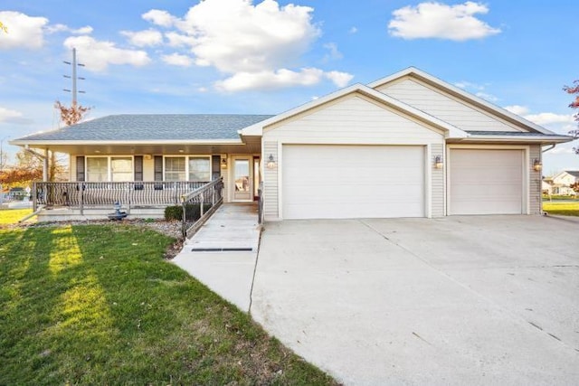 ranch-style home with a front yard, a porch, and a garage