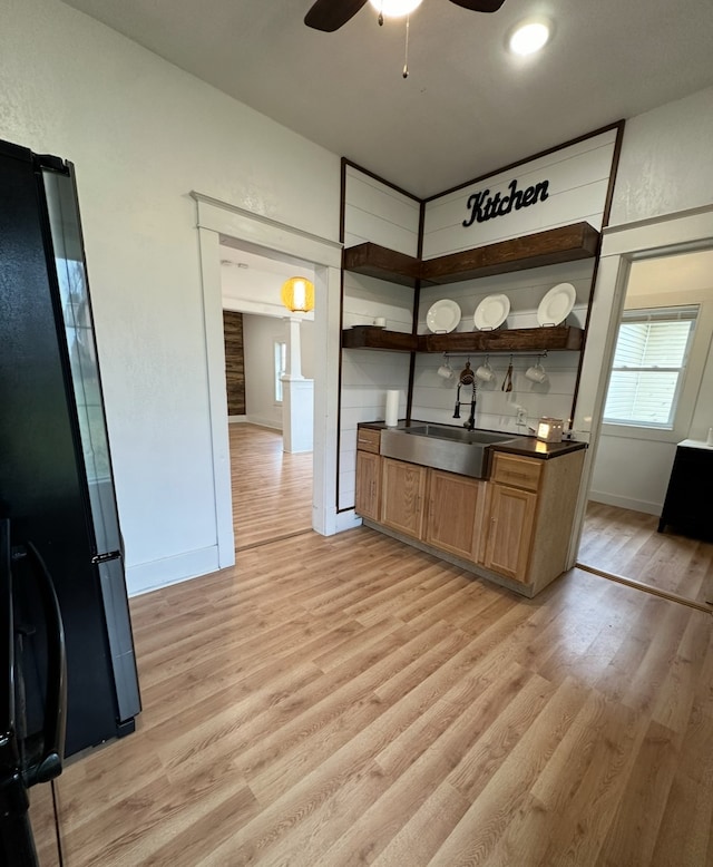 kitchen featuring light hardwood / wood-style flooring, ceiling fan, sink, and black refrigerator