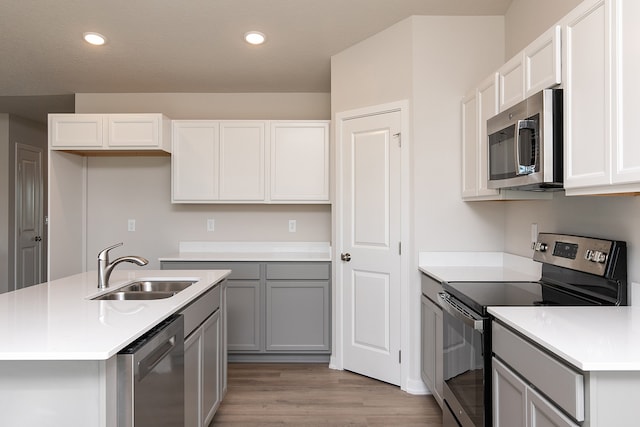 kitchen with stainless steel appliances, light hardwood / wood-style floors, sink, a kitchen island with sink, and gray cabinets